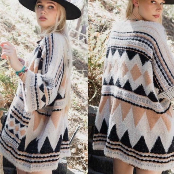 boutique Sweaters - 113. LAST 1! AZTEC TRIBAL PONCHO Cardigan sweater duster black tan multicolor